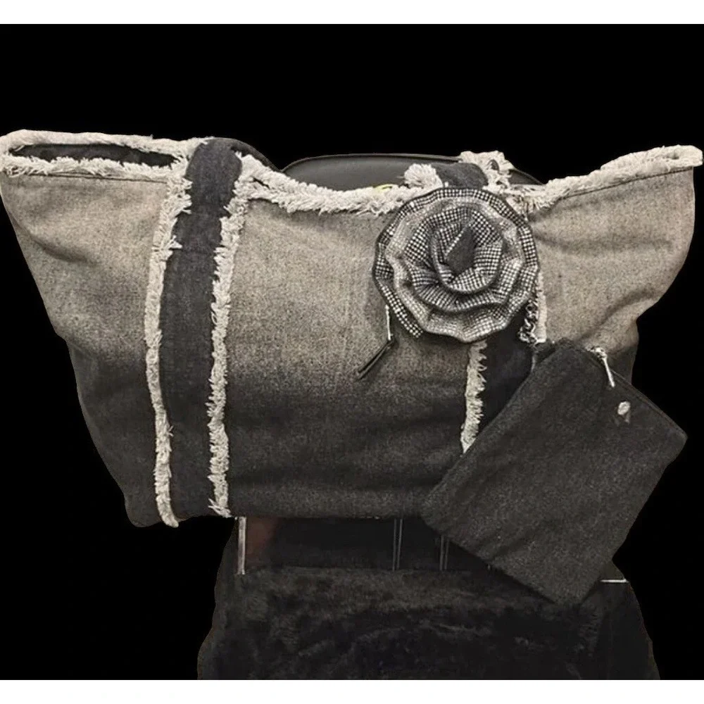 Steve Madden BBecki Distressed‎ Denim Tote Bag w/Flower Coin Wa& Wristlet